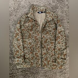 Vintage Land’s End Y2K floral cream and brown zipper jacket with pull string
